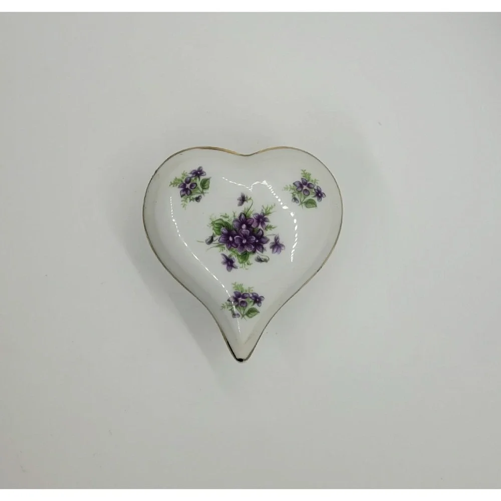 Lefton China Heart‎ Trinket Box Purple Violets Gold Trim Vintage 1946 Japan